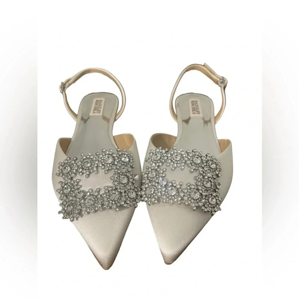 Badgley Mischka Ivory Crystal Embellished Pointed Slingback Flats